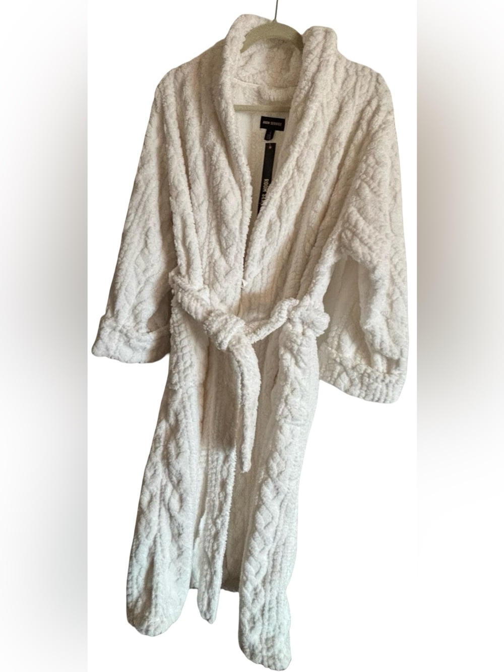 Room Service Women's Cable Knit Cozy Wrap Robe in Ivory, Size Large NWT